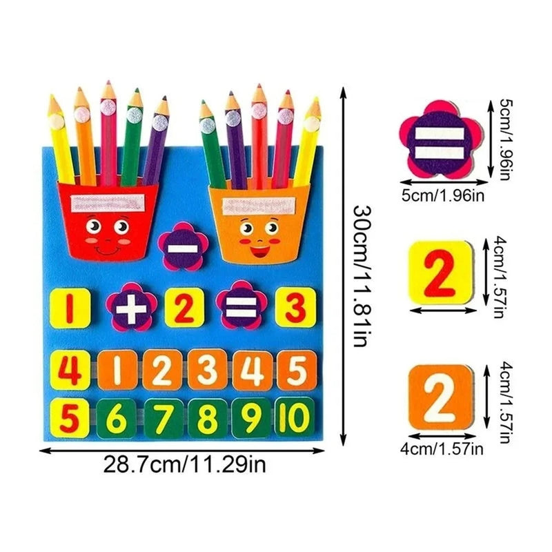 Placa de Feltro Educativa Infantil – Aprendizagem de Números, Adição e Subtração Montessori
