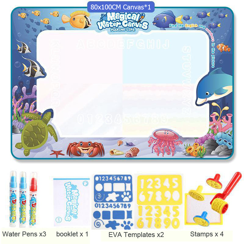 Tapete Mágico de Desenho com Água 100x80cm – Canetas Reutilizáveis e Moldes Educativos Montessori
